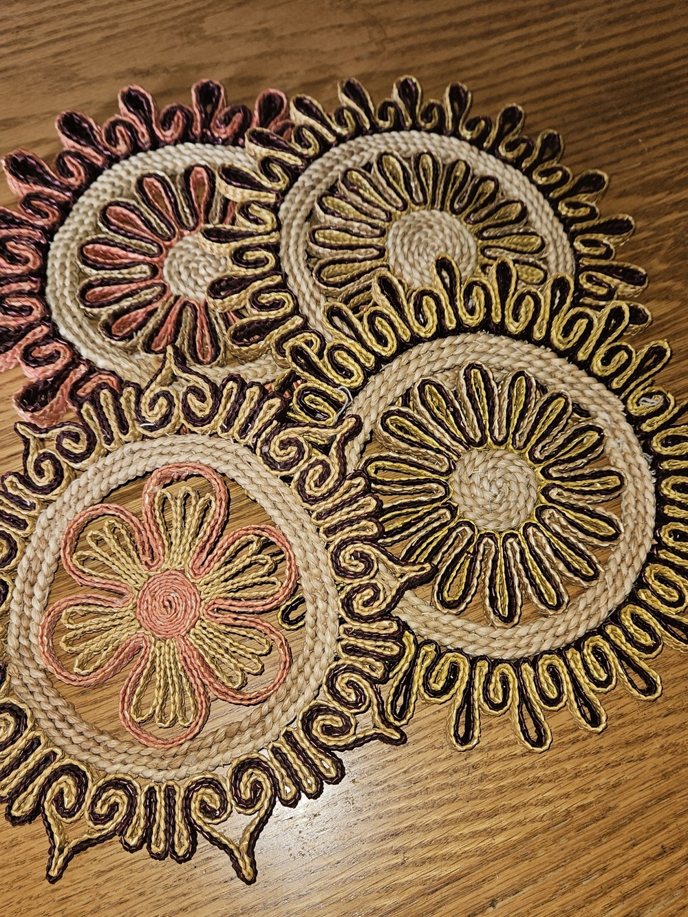 Vntage Handcrafted Jute Flower Trivets - 60s-70s.